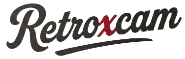 The logo for Retroxcam is displayed on a solid white background. The logo features the brand name 'Retroxcam' in a stylized black cursive font, with the letter 'x' highlighted in red, and a black underline beneath the text.